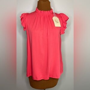 NWT FSL Coral Pink Flutter Sleeve Blouse with Mandarin Collar Size Small